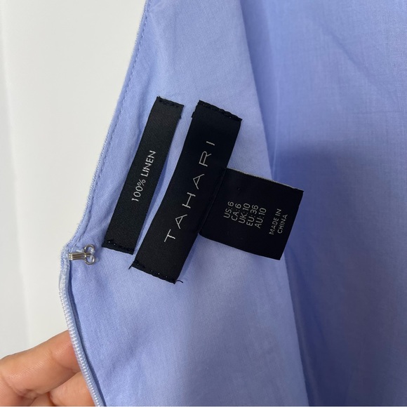 TAHARI Chambray 100% Linen Dress Sleeveless Pockets Scalloped V-neck Tie Size 6 - Picture 11 of 16